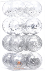 Sea Team Shatterproof Clear Plastic Christmas Ball Ornaments Decorative Xmas Balls Baubles Set with Stuffed Delicate Decorations (100mm/3.94 inch 16-Pack, Silver)