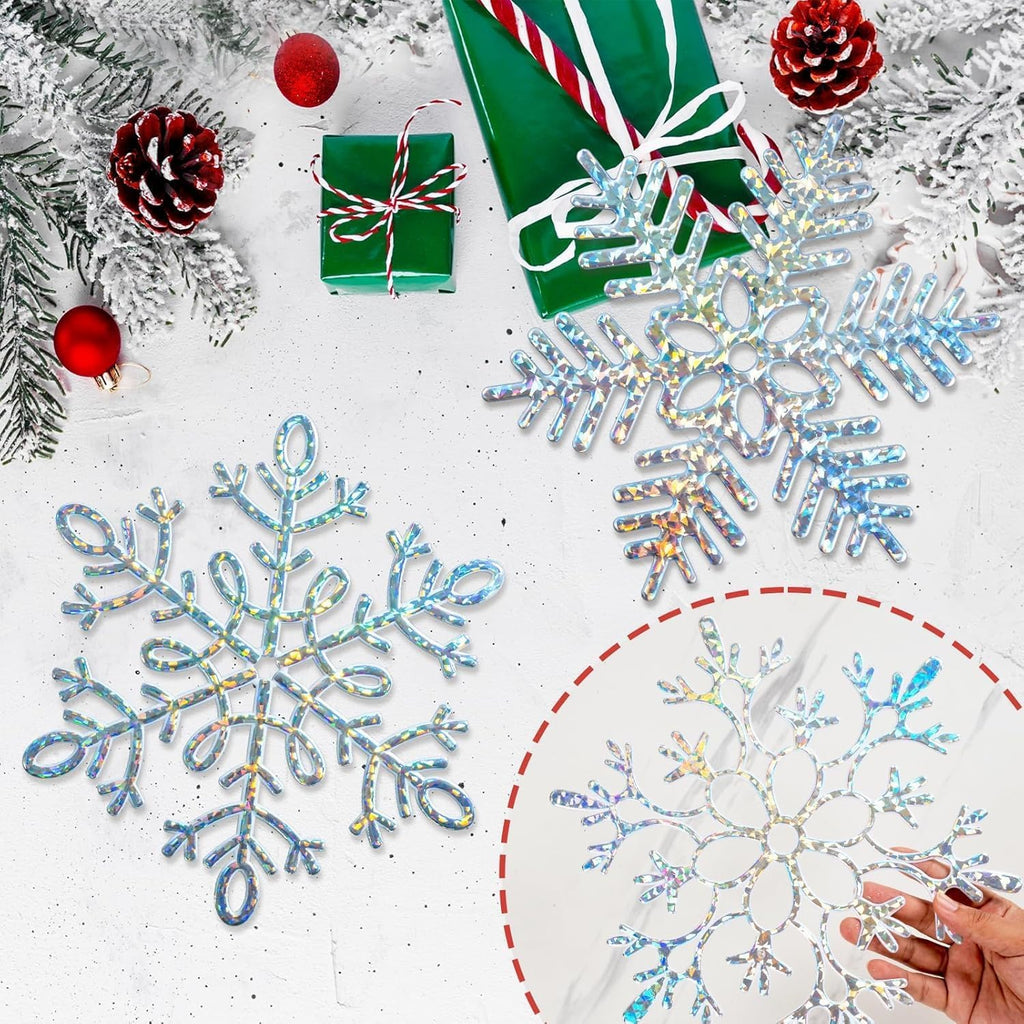 12pcs Large Iridescent Snowflakes Christmas Ornaments-12 Big Plastic Glitter Hanging Snow Flakes for Christmas Tree Decorations Winter Indoor Outdoor Window Home Decor Giant Craft Snowflakes