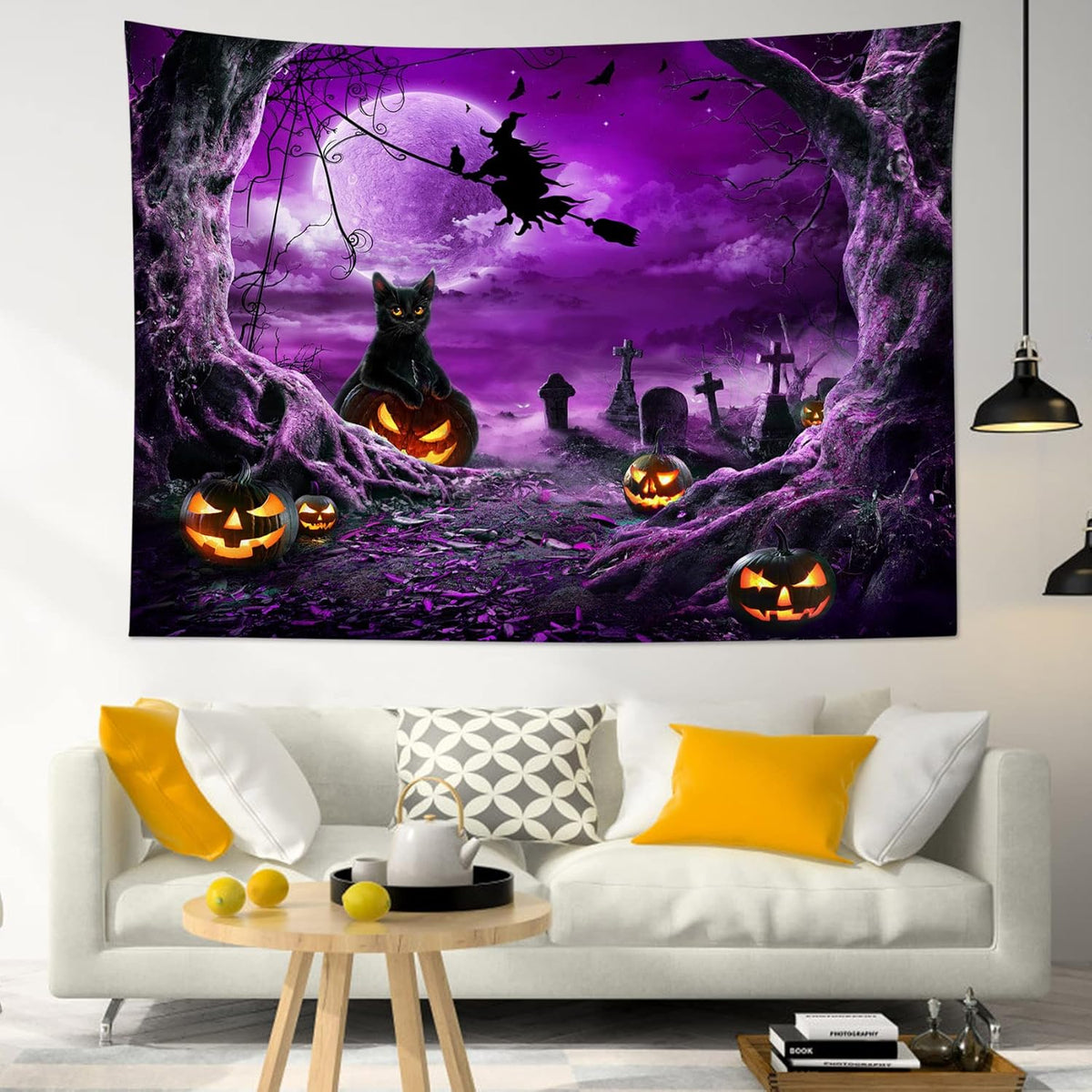 LB Halloween Wall Art - Horror Witch Cat and Dead Tree Pumpkin Lights with Spooky Graveyard Wall Tapestry Purple Full Moon over Misty Forest for Bedroom Living Room - 92.5x70.9 Inches