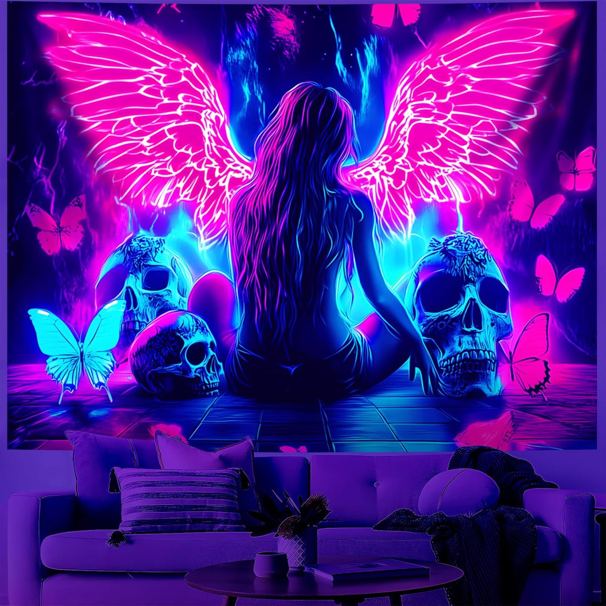 Blacklight Tapestry,WingTapestry Glow In The Dark,UV Reactive Black Light Upright Posters Wall Hanging for Bedroom Dorm Living Room Backdrop Decor (wing12, 90L" x 70W")