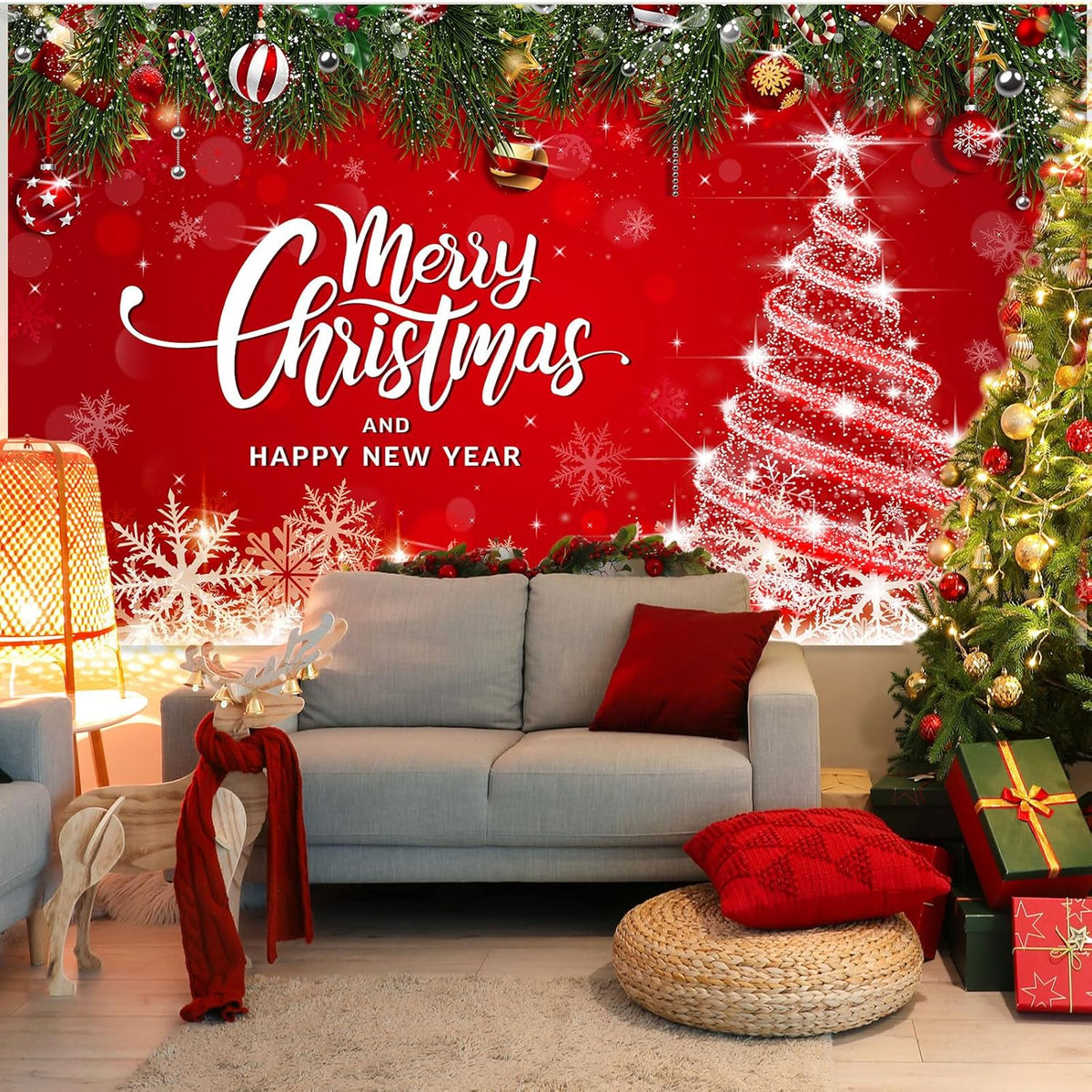 Irenare Christmas Backdrop Merry Christmas Banner Party Decoration Xmas Photography Background Photo Props for Winter Holiday New Year Eve Family Party Decoration Supplies(Tree)