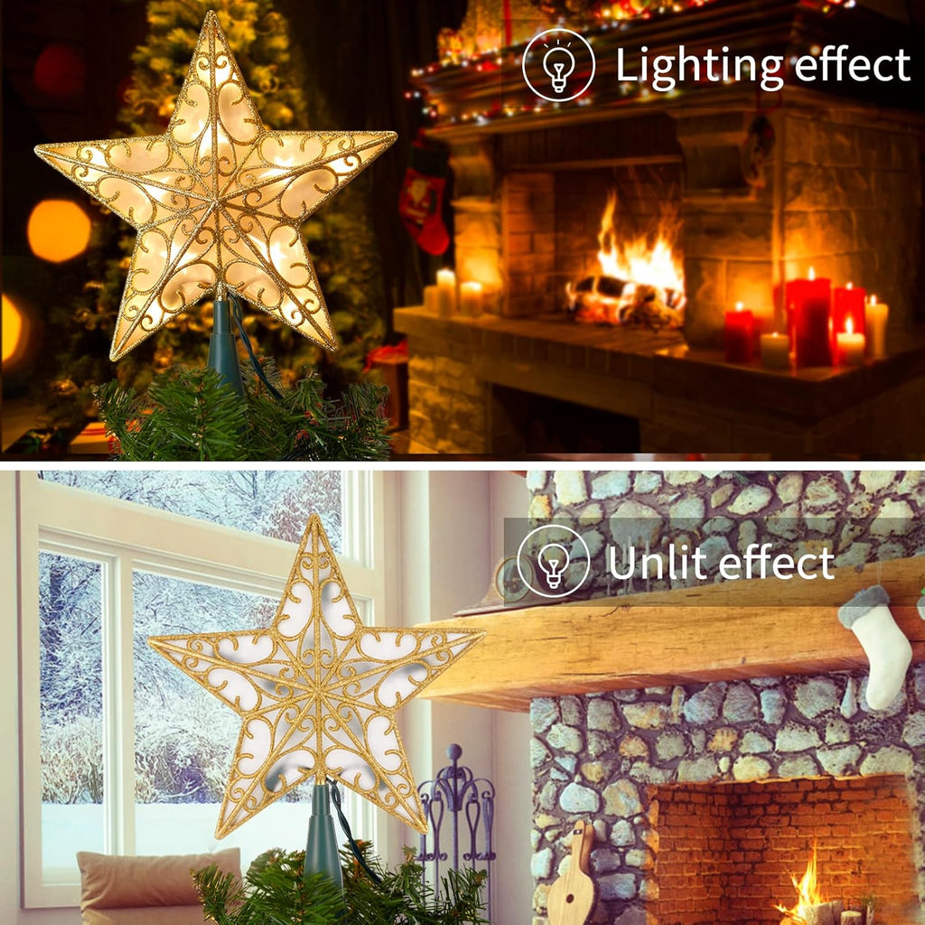 Christmas Star Tree Topper, 9.5 in Plug in Golden Glittered 3D Star Tree Topper, Metal Hollow Designed Built-in 10 Bulbs String Lights for Indoor Office Christmas New Year Holiday Tree Decoration