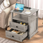 HIFYOBRO End Table with 2 Drawers and Charging Station, Type-C & USB Port & Power outlets, Wooden Storage Cabinet, Large Side Table with Storage for Living Room and Bedroom