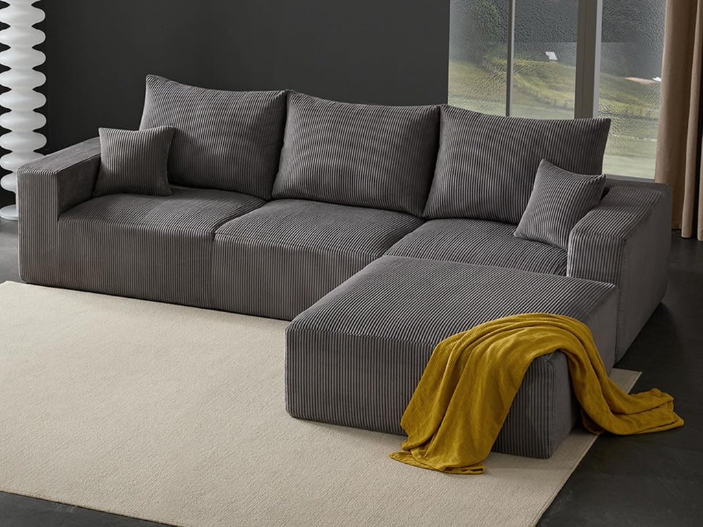 Boneless Sectional Cloud Couch Sofa for Living Room, 112" L-Shaped Modular Modern Lounge Sleeper Grey Couches with Chaise, No Assemble, Cordury Compression Upholstered Sofas