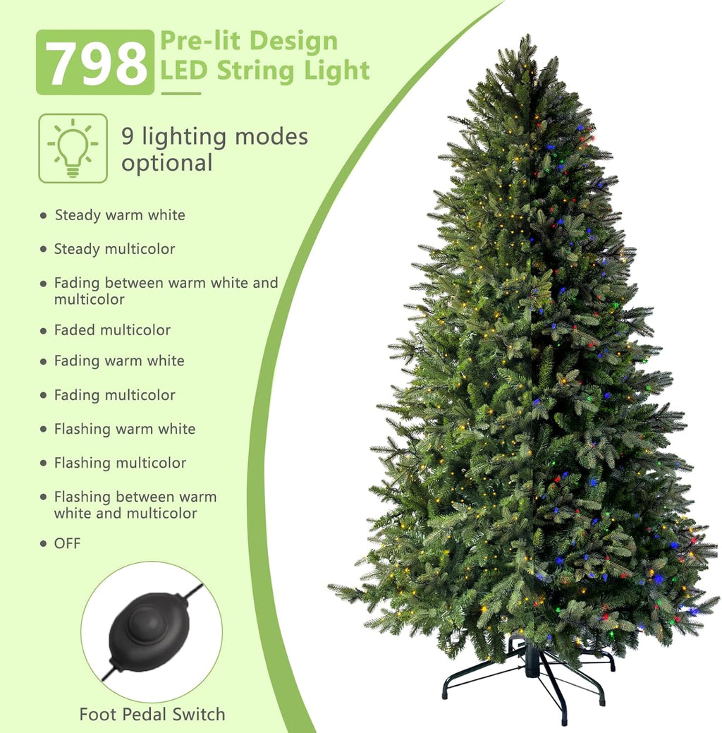 7.5ft Pre-lit Artificial Christmas Tree with 798 Warm White & Multi-Color LED Lights, 1900 Branch Tips, 3-Minute Quick Power Connect Pencil Xmas Tree for Holiday Decoration Home and Party