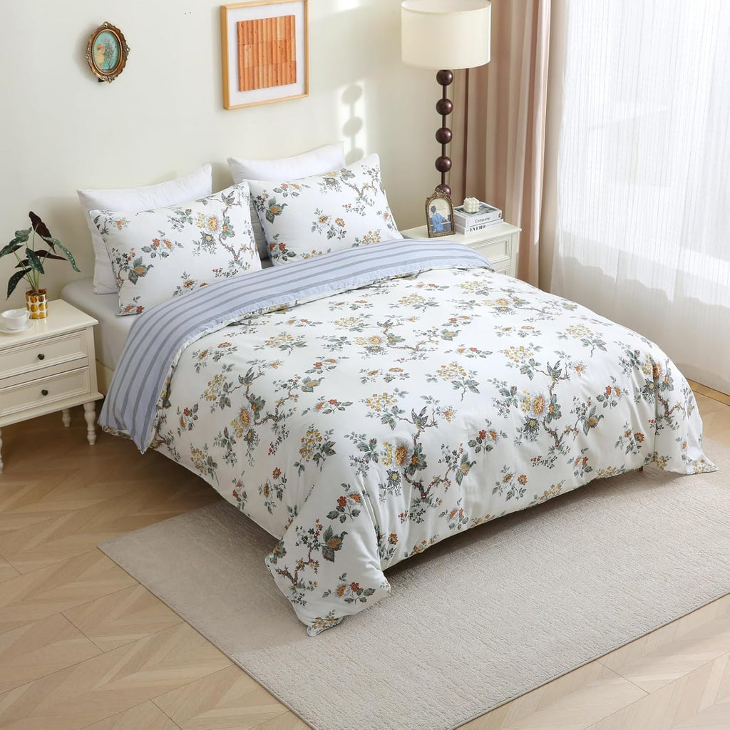 ABREEZE Floral Duvet Cover King Size Set Bird Flowers Bedding Set 100% Brushed Cotton Bedding Collection 1 Duvet Cover with 2 Pillowcases White