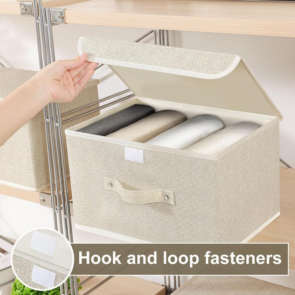 Storage Boxes, Collapsible Storage Bins with Lids, Cotton and linen cloth Storage Baskets with Handle, for Books, Closet, Bedroom, Home, 13x9.1x7.9 in, Grey and Beige