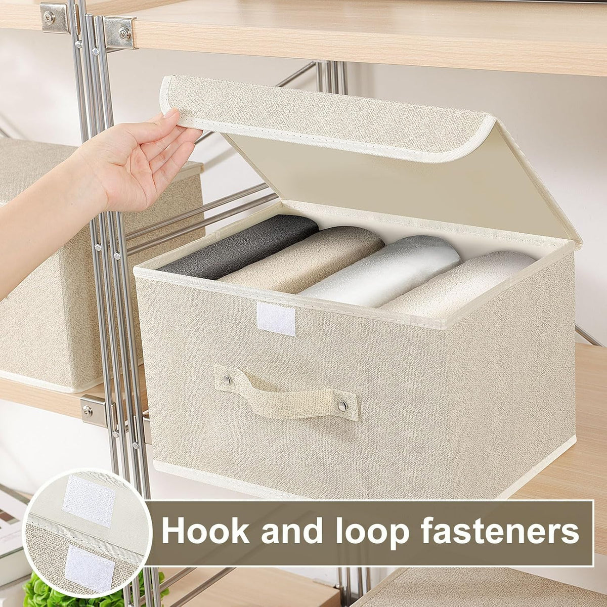 Storage Boxes, Collapsible Storage Bins with Lids, Cotton and linen cloth Storage Baskets with Handle, for Books, Closet, Bedroom, Home, 13x9.1x7.9 in, Grey and Beige