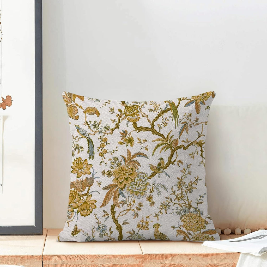 CXMEIFLY Summer Floral Birds Pillow Covers 16 x 16 Inch Set of 2 for Chinoiserie Flowers Spring Decor Throw Pillows Mustard Yellow Plant Outdoor Decorative Cushion Cases for Couch Bed Decorations