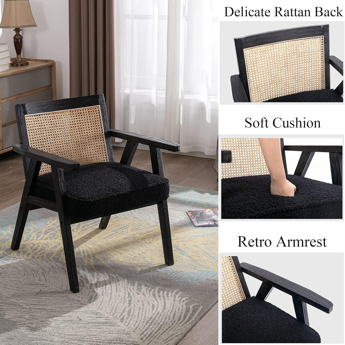 Accent Rattan Chair, Faux Fur Upholstered Living Room Chairs with Cane Back, Retro Mid Century Modern Cane Chair Armchair for Reception Reading Indoor Outdoor, Black