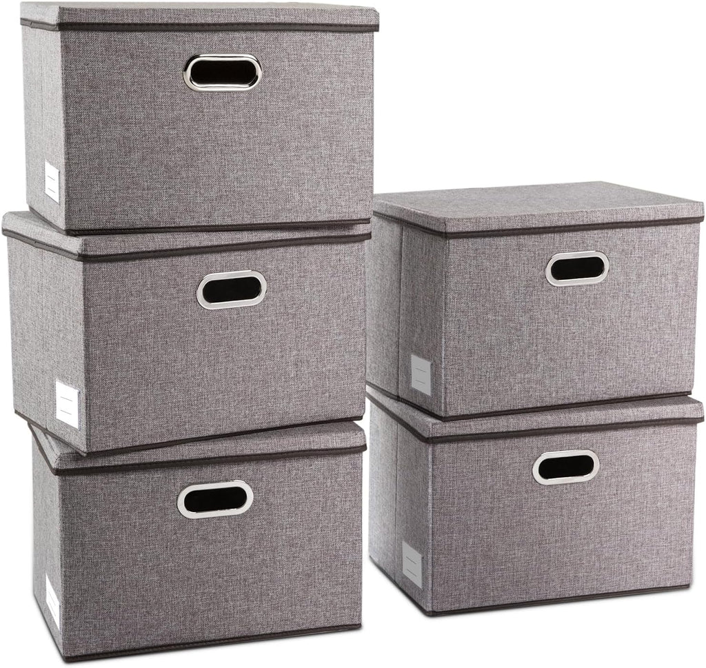 PRANDOM Large Collapsible Storage Containers with Lids [5-Pack] Linen Fabric Foldable Storage Bins Boxes Organizer Baskets Cube with Cover for Home Bedroom Closet Office Nursery (17.7x11.8x11.8)