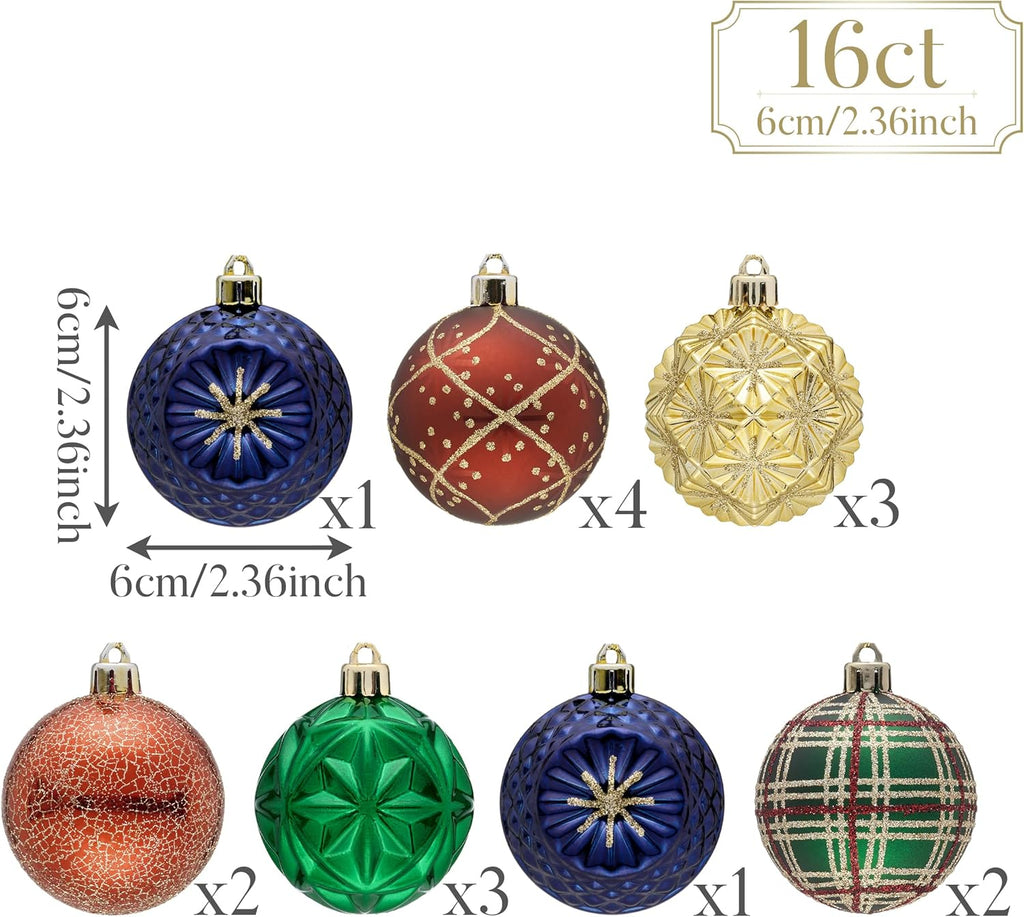 Valery Madelyn Ornaments for Christmas Trees, 16ct 2.36 Inches Red Green and Gold Shatterproof Christmas Tree Decorations, Luxury Hanging Ball Ornaments for Xmas Holiday Party Decor
