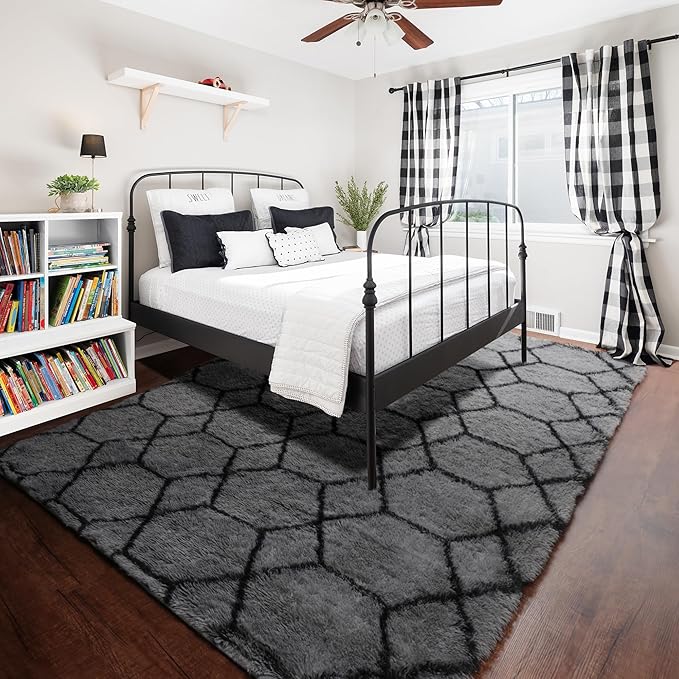 Area Rugs for Bedroom Living Room, 4x6 Fluffy Grey and Black Geometric Rug | - Image 7