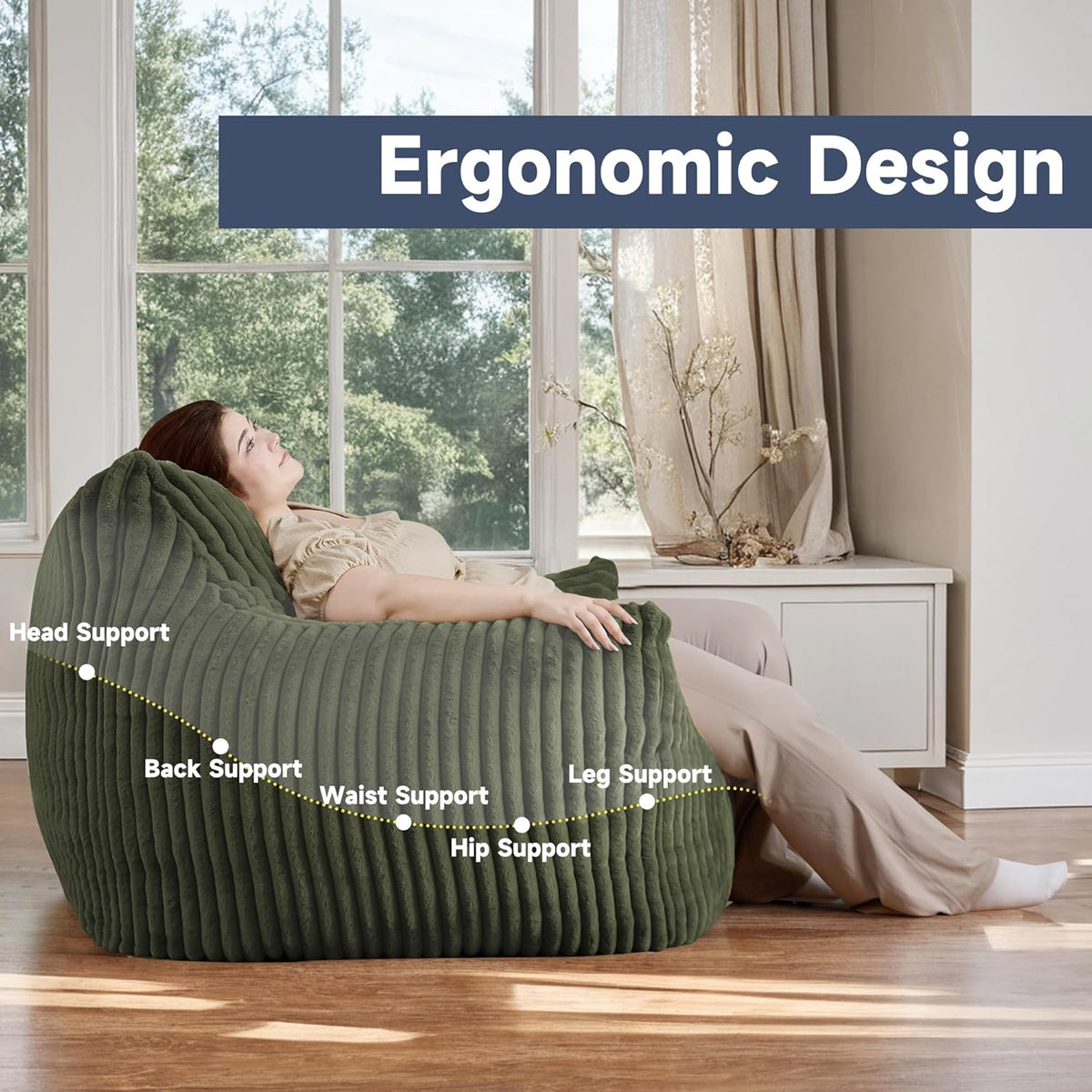 Oversized Bean Bag Chair for Adults, Giant Comfy Plush Boneless Bean Bag Couch with Filler for Kids - Reading Chair for Living Room, Bedroom & Dorm, Single Accent Chair Floor Lounger, Green