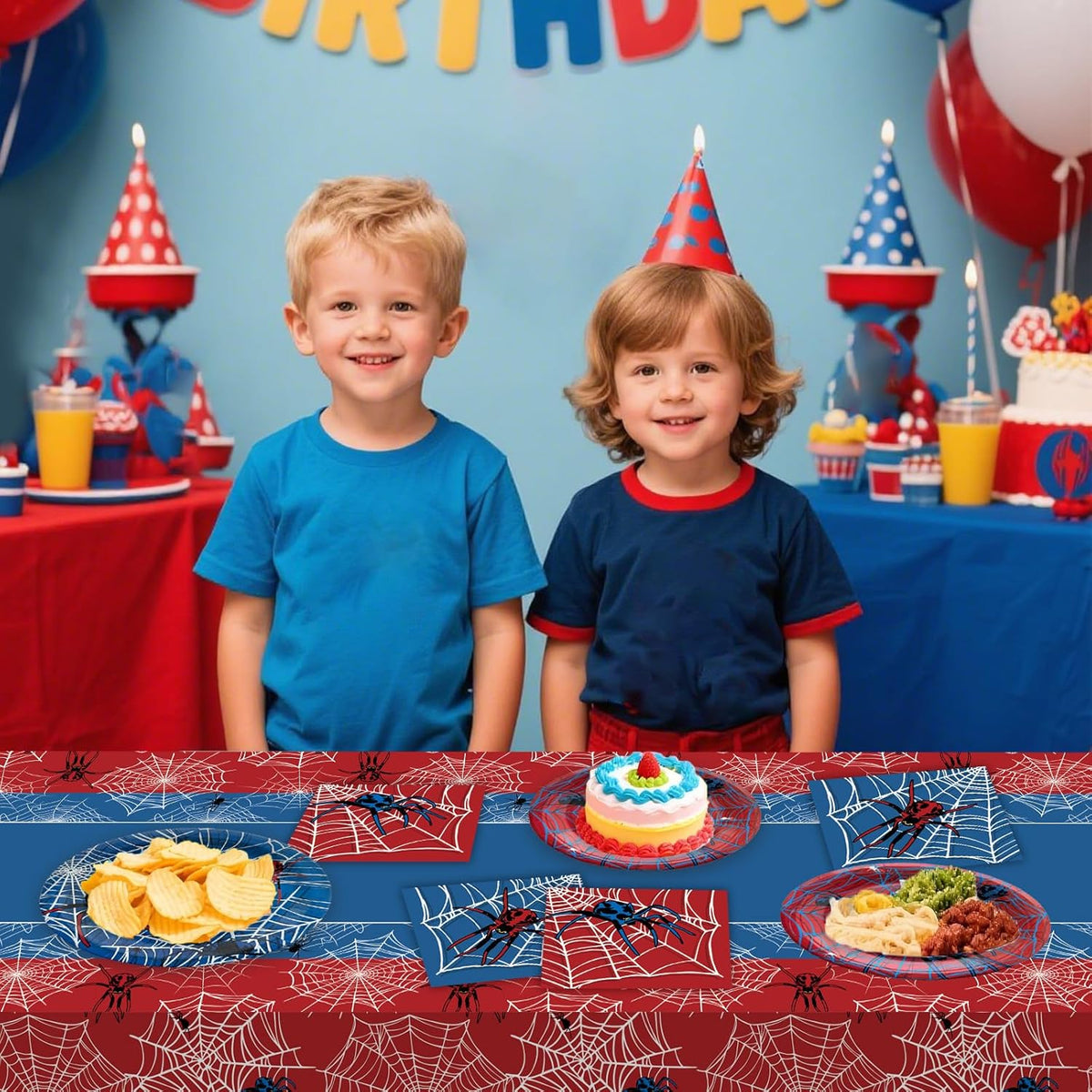 3 Pcs Spider Birthday Party Tablecloth 54 x 108 inch Plastic Table Cloth Disposable Red and Blue Tablecloth Rectangle Table Cover for Spider Birthday Party Decorations Halloween Supplies