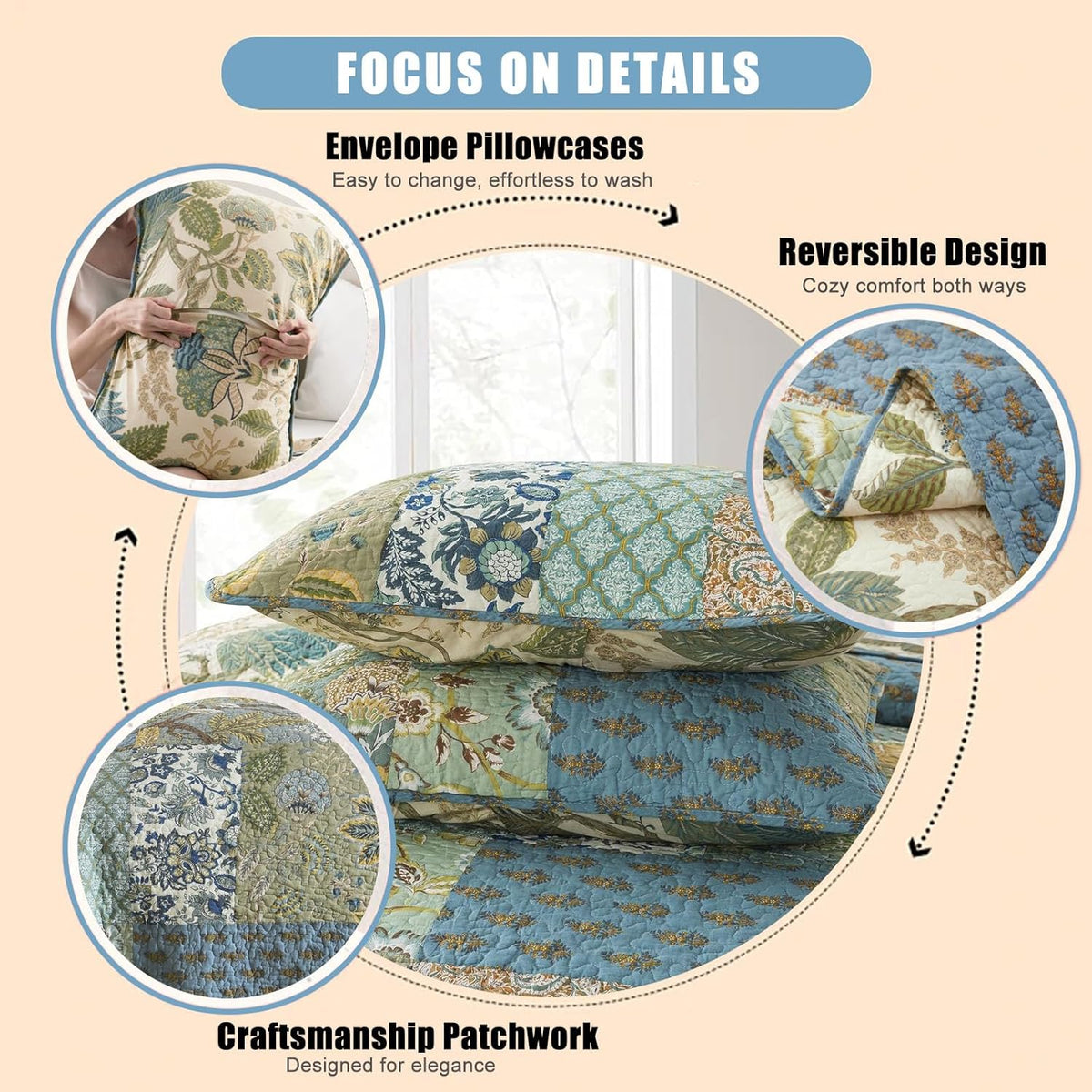 NEWLAKE Quilt Set Twin Size, 100% Cotton Patchwork Green Bohemian Quilt Sets, Reversible Bedspread Lightweight and Breathable for All Seasons, Soft Quilted Bedspread