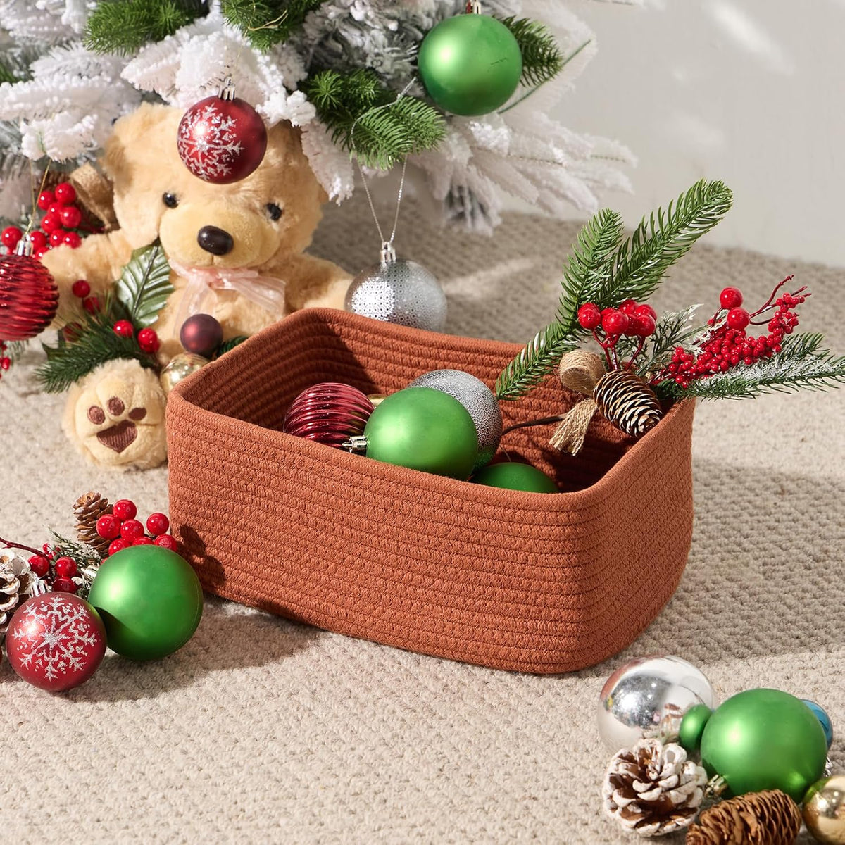 Small Storage Baskets for Organizing | Closet Organizer Bins | Shelf Toy Basket | Woven Rope Baskets | Cube Decorative Box | Shallow Basket | 11.5x7.5x4.7” | 4 Packs Oxide Red