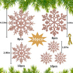 36pcs Christmas Rose Gold Snowflake Ornaments Plastic Glitter Snow Flakes Ornaments for Winter Christmas Tree Decorations Size Varies Craft Snowflakes