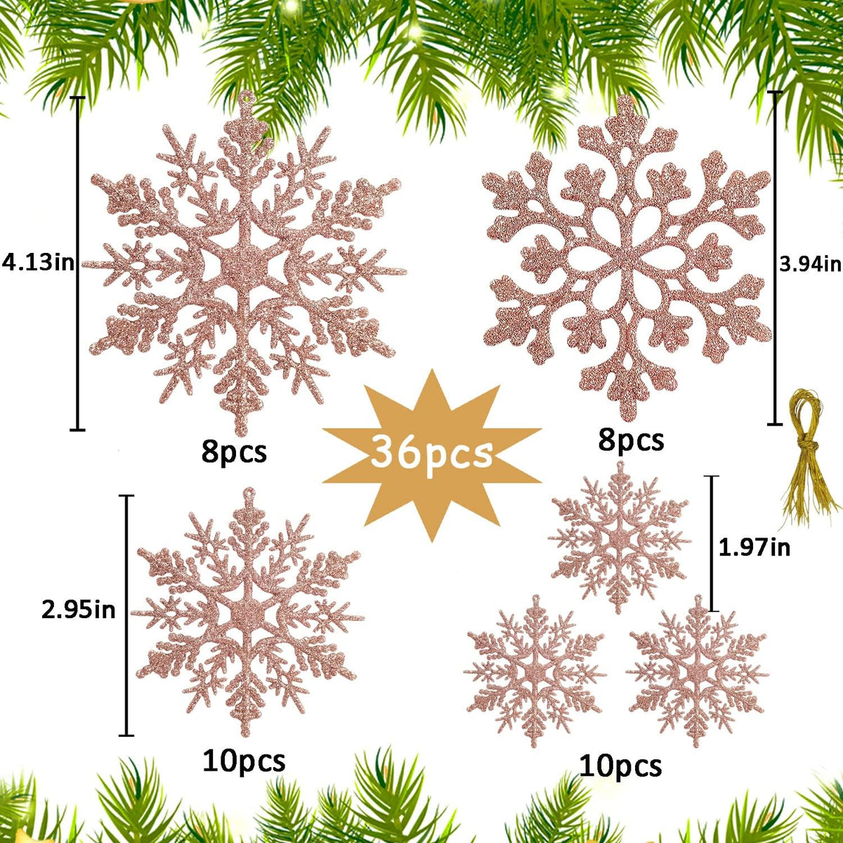 36pcs Christmas Rose Gold Snowflake Ornaments Plastic Glitter Snow Flakes Ornaments for Winter Christmas Tree Decorations Size Varies Craft Snowflakes