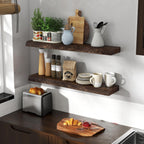 Solid Elm Wood Floating Shelves, 36 Inch Wood Floating Shelves for Wall, Live Edge Wooden Shelves Wall Mounted for Books, Bathroom, Kitchen, Walnut Color, Set of 2