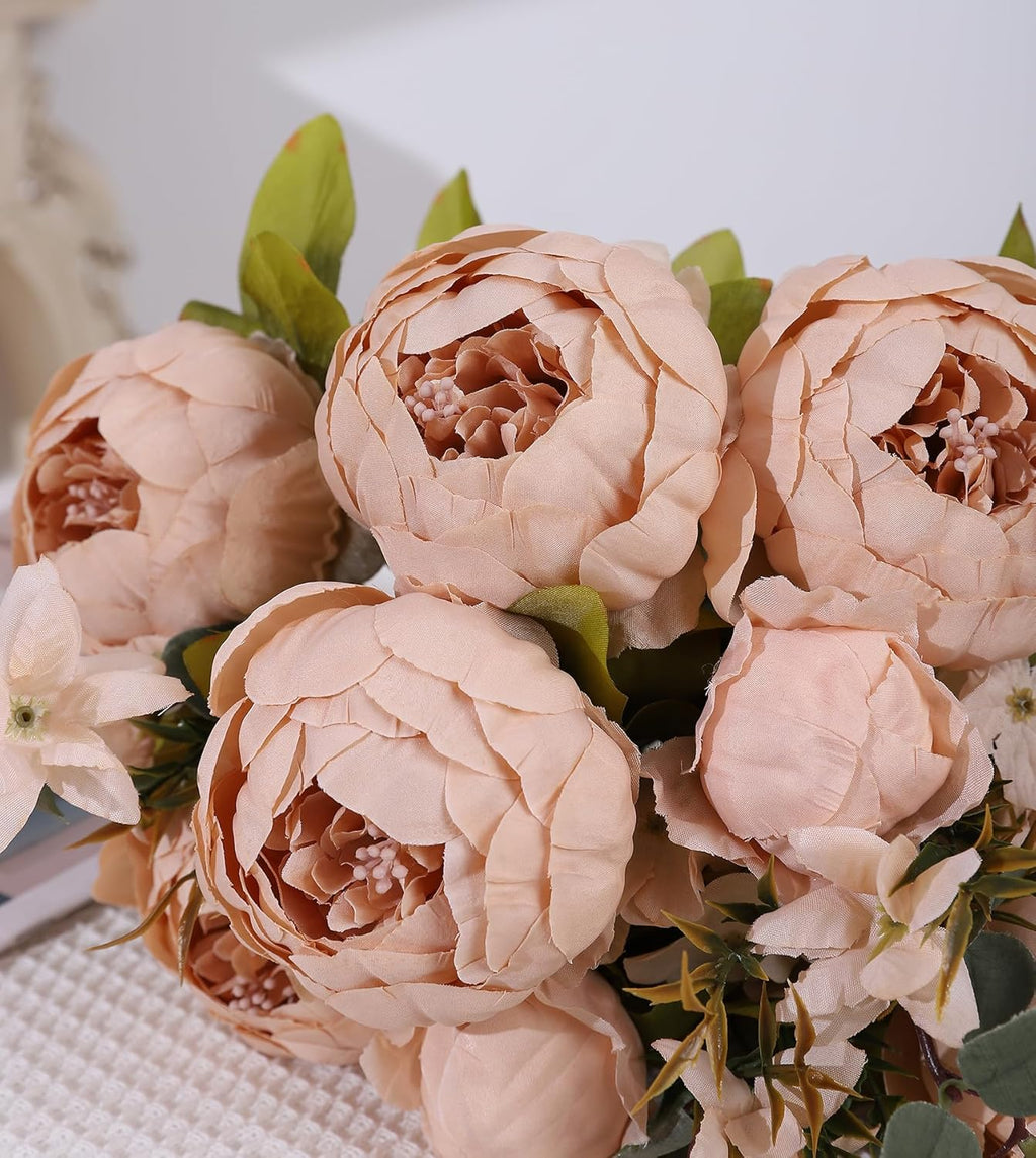 Duovlo Artificial Peony Silk Flowers Fake Flowers Vintage Wedding Home Decoration,Pack of 1 (Light Champagne)