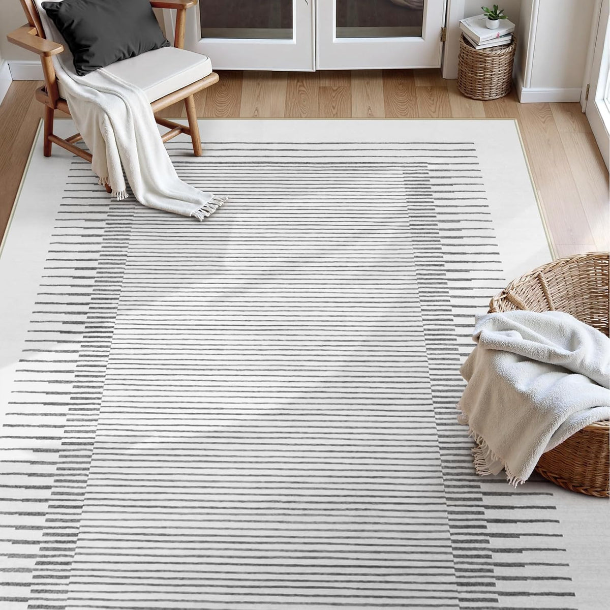 Wonnitar 5x7 Washable Striped Living Room Area Rug, Non-Slip Grey Boho Rugs for Bedroom, Low Pile Soft Minimalist Floor Carpets for Dining Room Home Office (Grey,5' x 7')