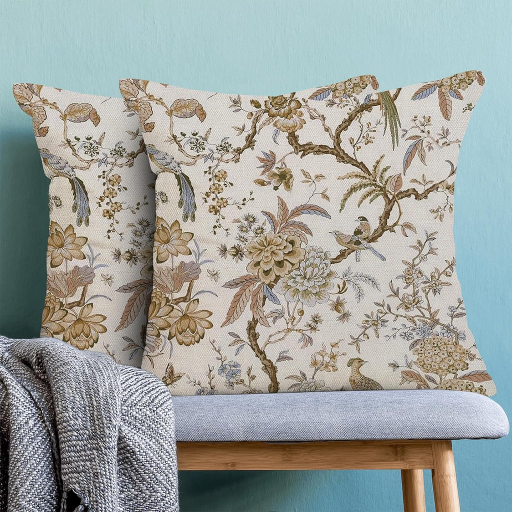 CXMEIFLY Spring Floral Birds Pillow Covers 18 x 18 Inch Set of 2 for Chinoiserie Flowers Decor Throw Pillows Brown and White Plant Outdoor Decorative Cushion Cases for Couch Bed Decorations
