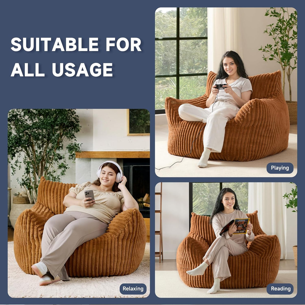 Oversized Bean Bag Chair for Adults, Giant Comfy Plush Boneless Bean Bag Couch with Filler for Kids - Reading Chair for Living Room, Bedroom & Dorm, Single Accent Chair Floor Lounger, Orange