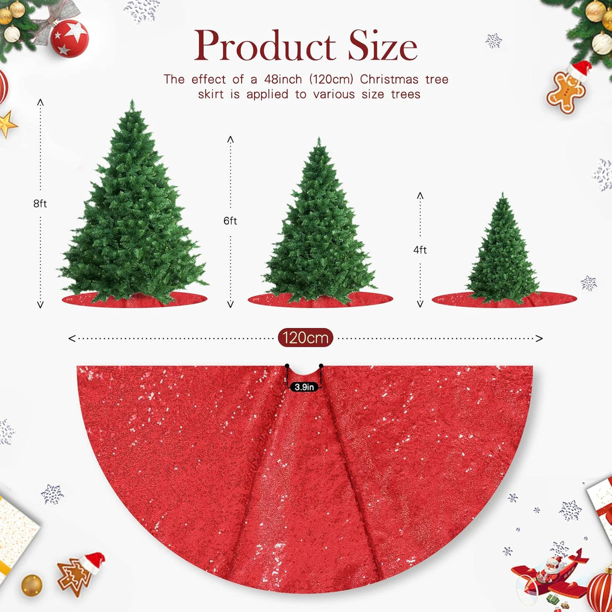 Christmas Tree Skirt 48 Inches Red Tree Skirt Glitter Sequin Tree Skirt for Winter Party Red Christmas Decorations