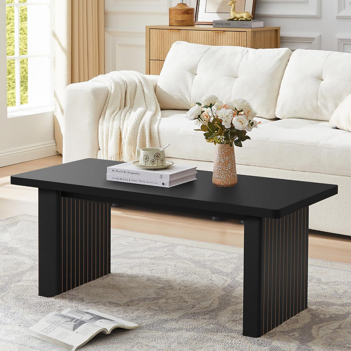 Rectangular Fluted Coffee Table, Farmhouse Wood Coffee Table Mid Century Modern Center Table Boho Living Room Tables for Living Room Office (Black, 19.69" D x 43.3" W x 17.72" H)