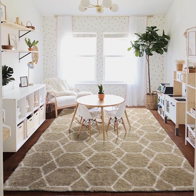 7x9 Area Rugs for Living Room Bedroom, Fluffy Beige and White Geometric Rug | - Image 8