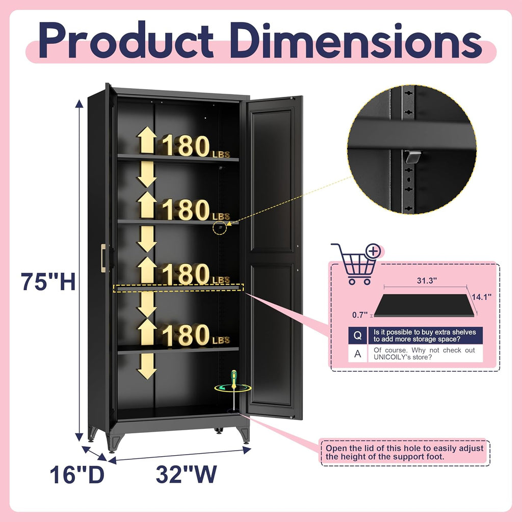 75" Storage Cabinet, Metal Pantry Cabinet, Kitchen Pantry Storage Cabinets with Doors and 4 Shelves, Cabinets for Laundry Room, Living Room, Dinning Room, Assembly Required, Black