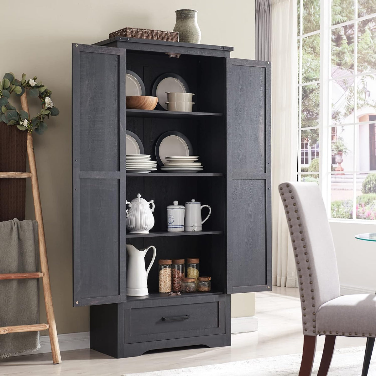72" Tall Wood Storage Cabinet, Farmhouse Kitchen Pantry Cabinet with Adjustable Shelves & Drawer & Barn Doors, Versatile Storage for Kitchen, Dining Room, Bathroom, Black