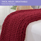 Bigacogo Chunky Knit Throw Blanket for Couch, 40x40 inches, 100% Hand Knitted with Thick Jumbo Chenille Yarn, Cozy Soft Large Rope Knot Cable Crochet Blankets for Sofa Bed Living Room, Red