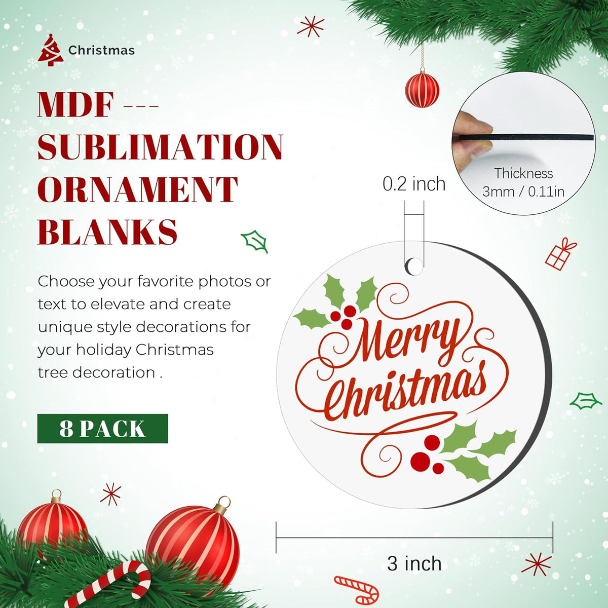 Joyclub 8 Pcs 3'' Sublimation Ornament Blanks MDF Sublimation Christmas Ornaments Bulk Round Double Sided Ornaments for Personalized Xmas Tree Ornament Home Decor DIY Crafts