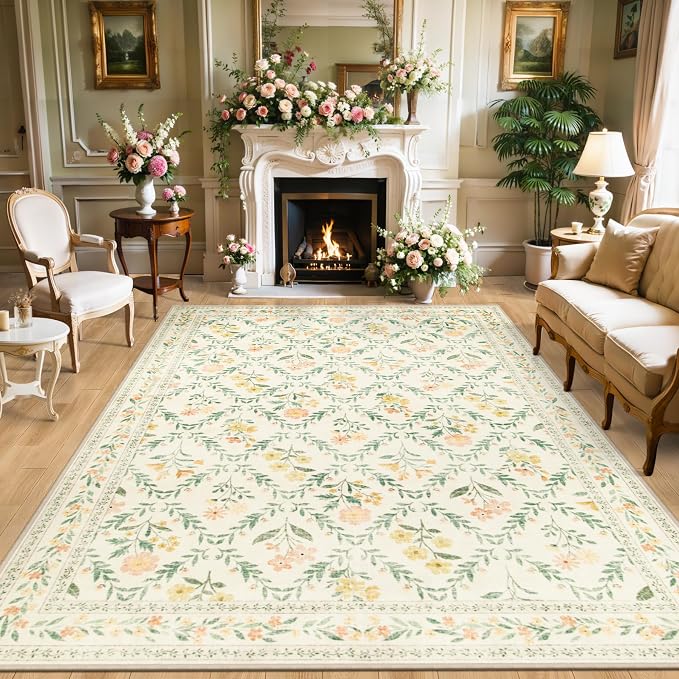 PLHXFR 8x10 Area Rug Living Room: Floral Washable Boho Carpet Beige Multi | by PLHXFRSoftAreaRugs