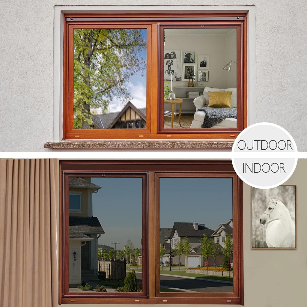 HIDBEA One Way Privacy Window Film, Daytime Mirror Reflective Heat Control UV Sun Blocking Non-Adhesive Static Cling Window Tint for Home and Office (Black-Silver, 29.5 Inch x 6.5 Feet)