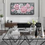 Large Pink Wall Art for Living Room- Pink and Black Peony Floral Canvas Wall Art Modern Framed Moody Black and White Wall Picture Flower Artwork Decor for Bedroom Dining Room Office 48x24