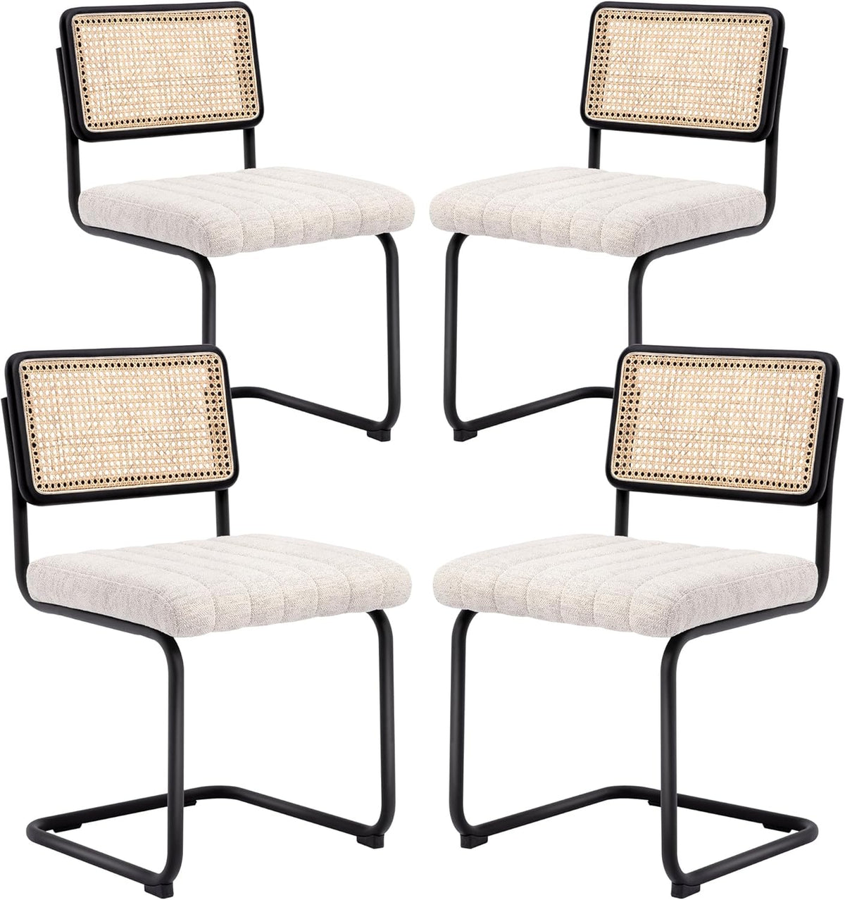 Natural Rattan Dining Chairs Set of 4, Modern Kitchen Chairs with Solid Wood Back, Upholstered Cesca Side Chairs with Comfy Linen Cushion