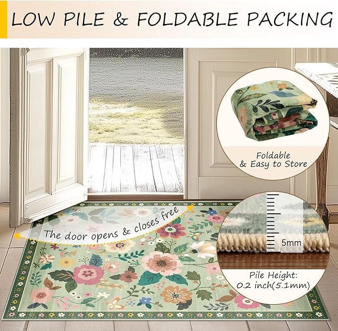 RELEANY Floral Washable Round 8ft Area Rug LightGreen | Flower Carpet Print - Image 4