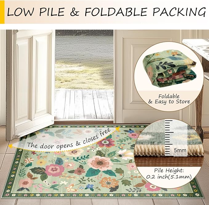 Floral Washable 2x6 Area Rugs Runner Entryway Hallway LightGreen | Flower - Image 5