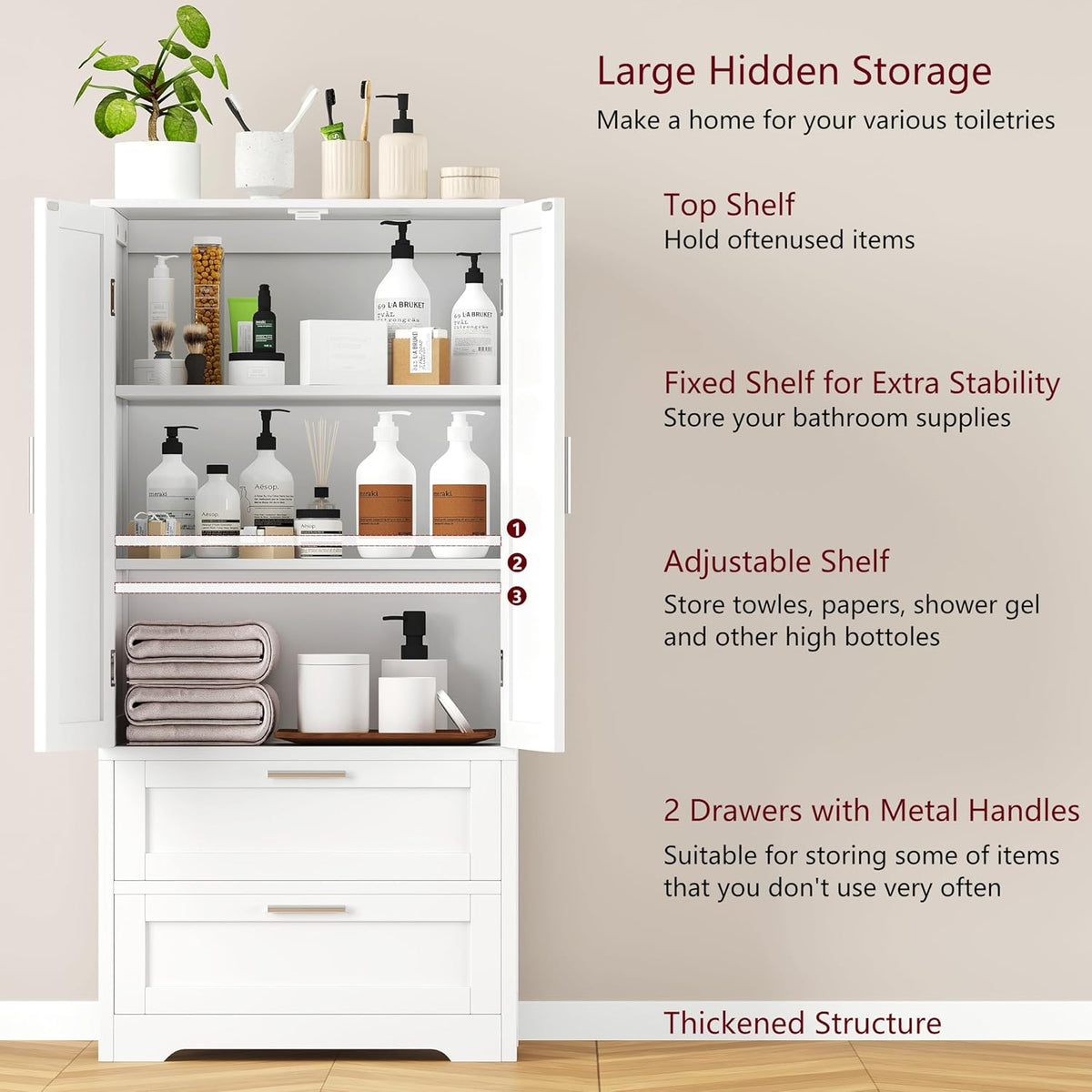 50.4" H Bathroom Storage Cabinet, Modern Floor Cabinet with Adjustable Shelf, Small Pantry with 2 Doors & Drawers, Storage Cabinet for Bathroom, Living Room, Kitchen, White KES007WCWG