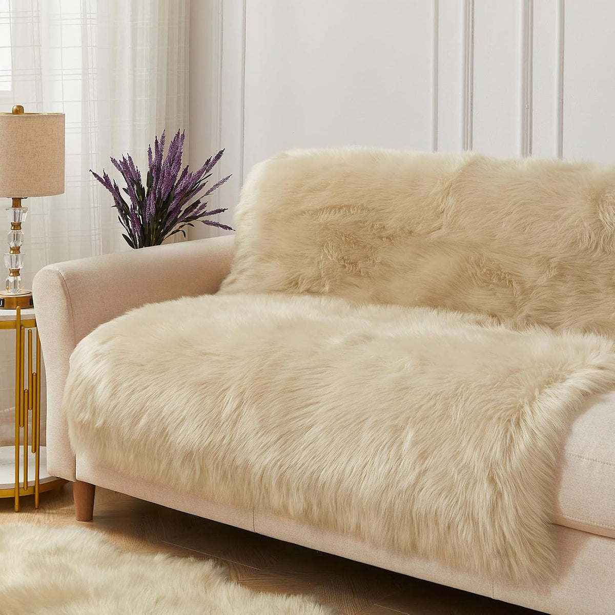 AMTOVO Faux Fur Sheepskin Rug for Living Room, 4 x 6 ft Beige Fluffy Area Rug for Bedroom, Playroom, Luxury Room Decor, Rectangle