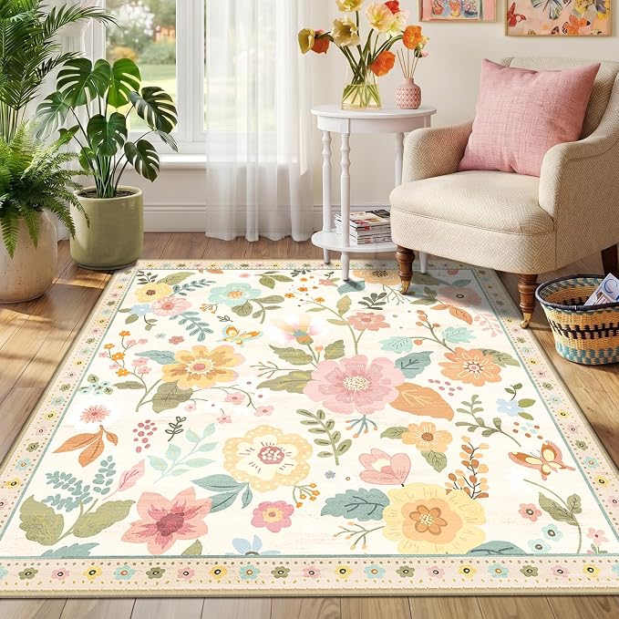RELEANY Floral Washable Square 6ft Area Rug Beige/White/Orange | Flower Carpet - Image 8