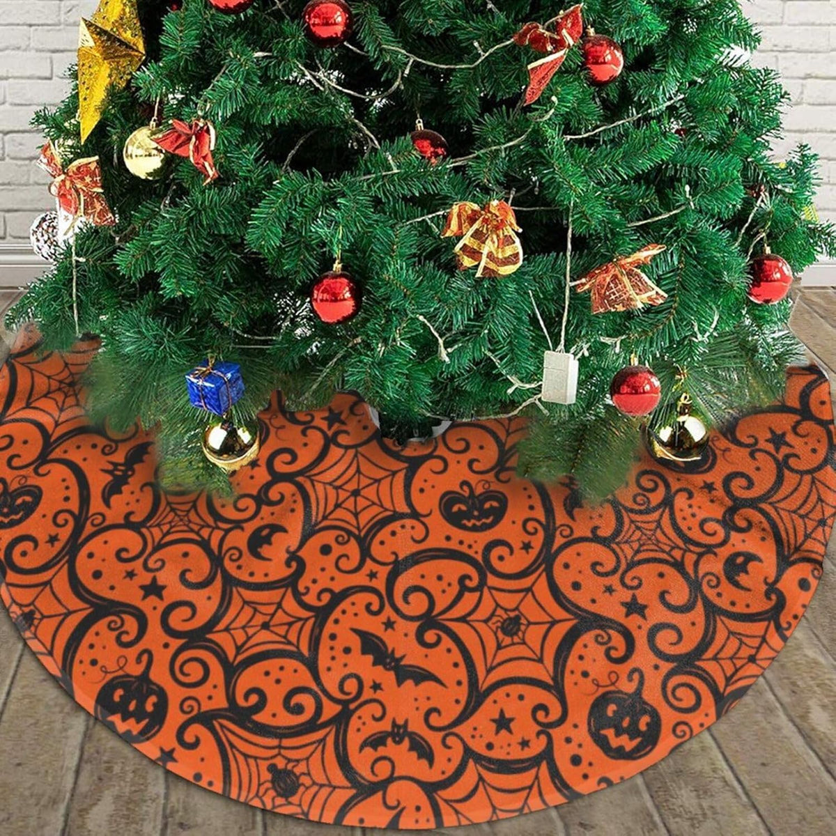 Christmas Tree Skirt,Halloween Pumpkin Xmas Tree Skirt Rustic Farmhouse Tree Skirt for Christmas Decor Xmas Holiday Home Party Decorations48