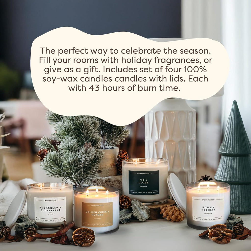 Calyan Wax Co. Holiday Scented Candle Set, Holiday Bundle of 4 Scented Candles, Bulk 3 Wick Candles, Non Toxic & Vegan Soy Wax, Candle Gift Set, 43 Hour Burn Time, 14.9oz Each