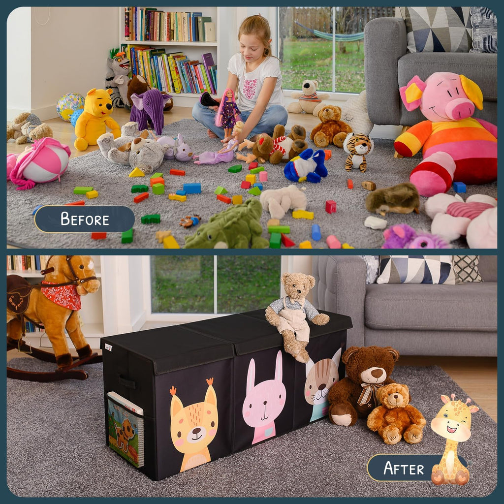 Extra Large Toy Storage Organizer with Lid - Sturdy, Collapsible Toy Chest Storage Box with Cute Design - Toys Bin with Dividers for Kids, Boys, Girls, Nursery, Bedroom, Play room 37"x16"x14"