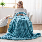 NEWCOSPLAY Faux Fur Throw Blanket Blue 3D Ribbed Plush Thick Warm Blanket for Couch Sofa Bed 850GSM (Blue Ribbed, Throw(50"x60"))