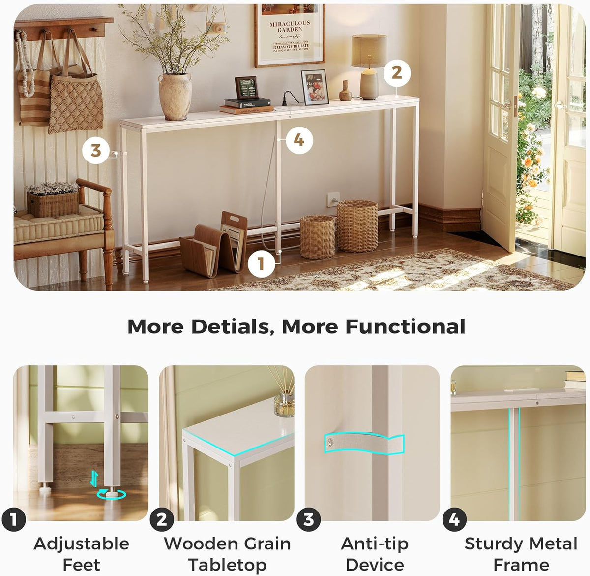 SUPERJARE 70 Inch Console Table with Outlet, Sofa Table with Charging Station, Narrow Entryway Table, Skinny Hallway Table, Behind Couch Table, for Living Room, White