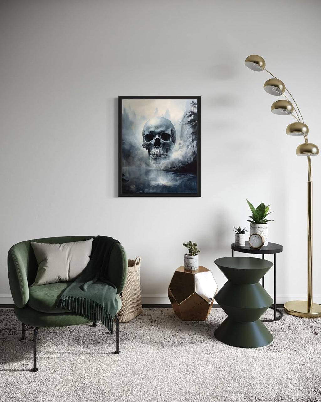 Foggy Skull Poster Art Print, Halloween Scary Vintage Wall Art Academia Spooky Painting Decoration for Horror Prints, Gothic Posters Bedroom Decor 89 (Foggy Skull, 11 x 14 inches, Black Frame)